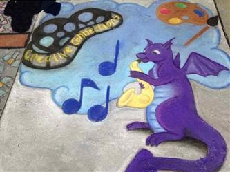 Chalk art dragon playing sax