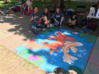 Chalk art: Orange koi on blue